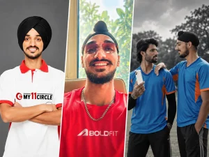 Arshdeep Singh brand endorsements collage featuring My11Circle and Boldfit campaigns, highlighting his growing commercial profile beyond cricket.