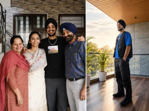 Arshdeep Singh with family members alongside a lifestyle image at a modern home, representing his house and personal life near Chandigarh.