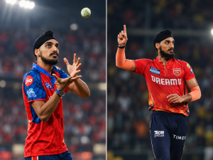 Arshdeep Singh in IPL-themed cricket images representing his Punjab Kings career and rise from a ₹20 lakh contract to an ₹18 crore IPL salary.
