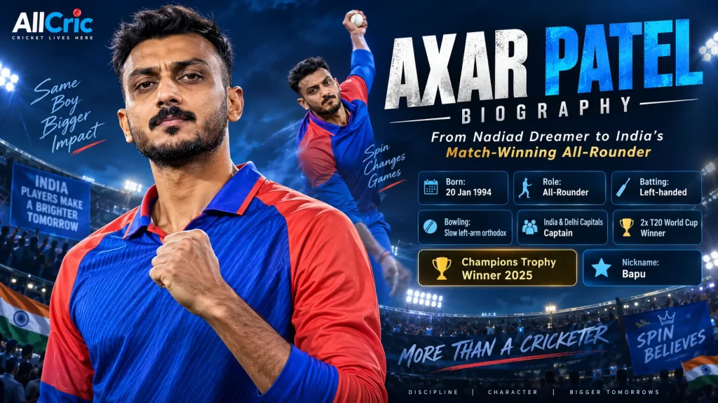 Axar Patel biography featuring his cricket journey, India career, Delhi Capitals captaincy, T20 World Cup titles and Champions Trophy success.
