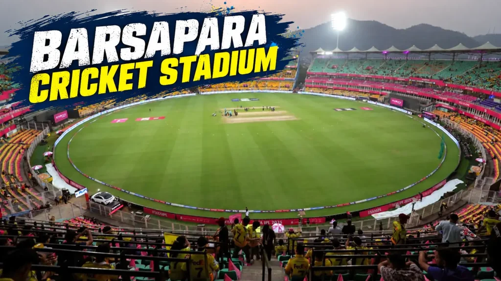 Barsapara Cricket Stadium in Guwahati with a wide view of the cricket ground, stands and floodlights.
