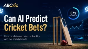 AI cricket betting predictions graphic showing a cricket bat, stumps, 67% win probability and live match trend charts in a stadium.