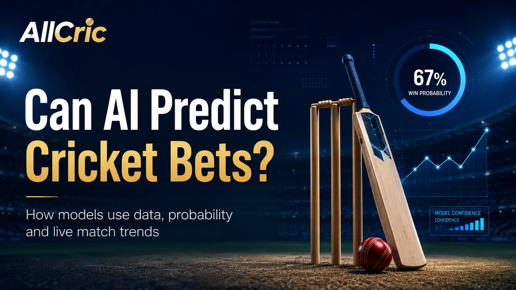 AI cricket betting predictions graphic showing a cricket bat, stumps, 67% win probability and live match trend charts in a stadium.