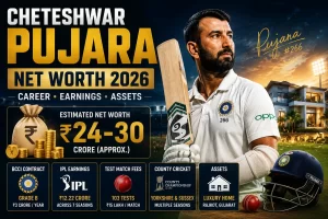 Cheteshwar Pujara net worth 2026 graphic showing an estimated ₹24–30 crore net worth, ₹12.22 crore IPL earnings, BCCI Grade B contract, Test career and Rajkot home.