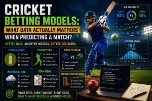 Cricket betting models infographic showing pitch and venue data, player form, head-to-head records, weather, team news and live match data used to predict win probability and expected scores.
