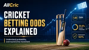 Cricket betting odds explained graphic jisme 1.80 decimal odds, 55.6% implied probability, 107% overround aur line movement ko cricket bat, ball aur stumps ke saath dikhaya gaya hai.