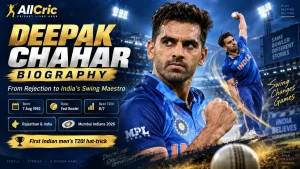 Deepak Chahar biography graphic highlighting his cricket journey, swing bowling, T20I best figures of 6/7, historic hat-trick and Mumbai Indians 2026.