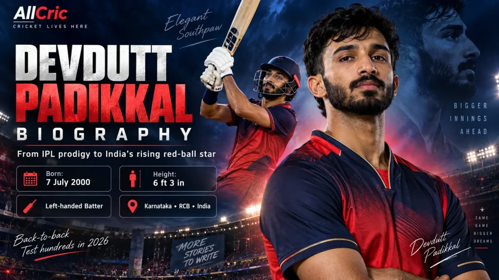 Devdutt Padikkal biography featuring the Indian left-handed batter, RCB career and back-to-back Test centuries in 2026