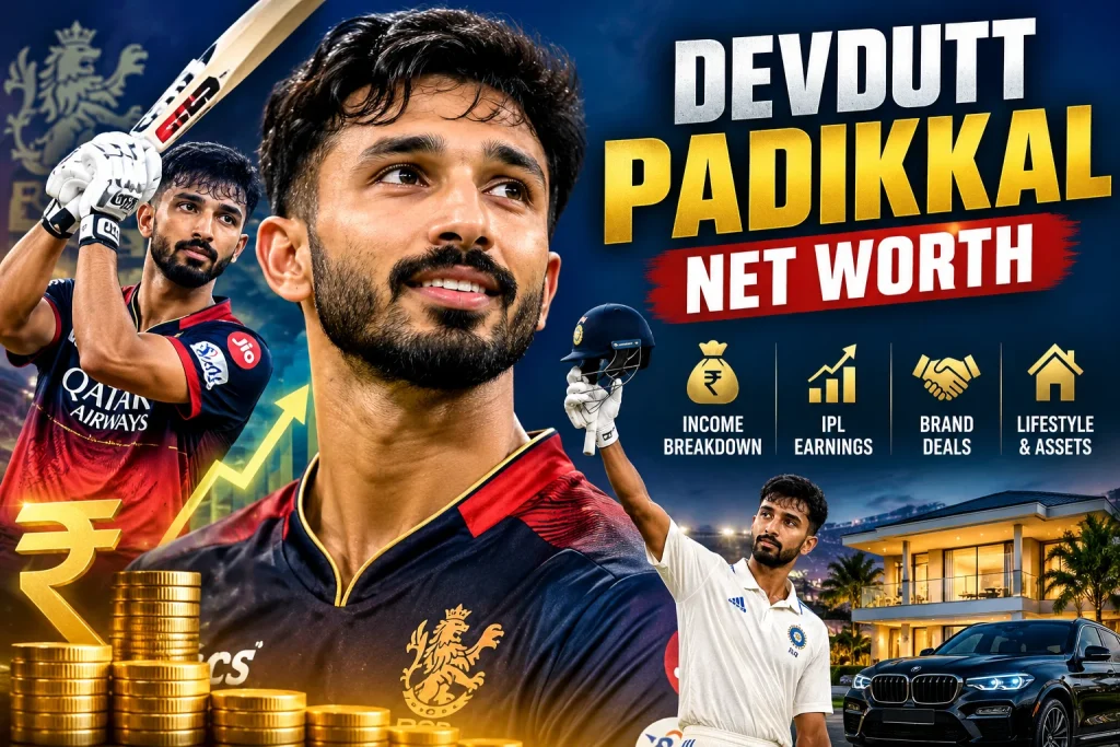 Devdutt Padikkal net worth 2026 graphic featuring his RCB and India jerseys, IPL earnings, brand endorsements, luxury car and lifestyle imagery.