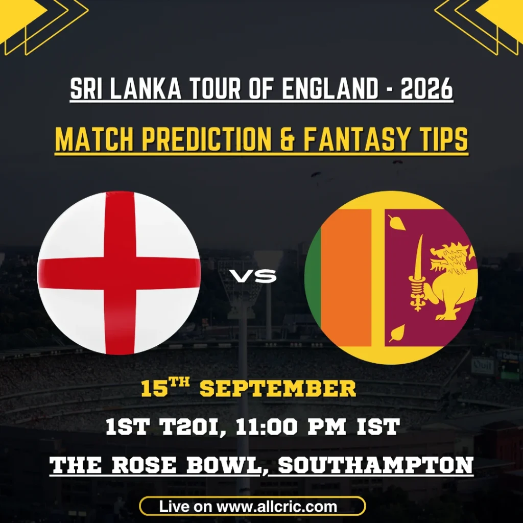 ENG vs SL today match prediction and fantasy tips for England vs Sri Lanka 1st T20I 2026 at The Rose Bowl, Southampton, featuring both team flags and match details.