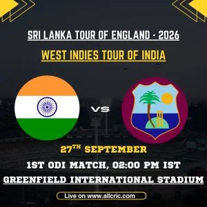 IND vs WI today match prediction and fantasy tips graphic for India vs West Indies 1st ODI at Greenfield International Stadium, featuring the India flag and West Indies logo.
