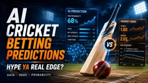 AI cricket betting predictions graphic jisme 68% win probability, team form, batting-bowling strength, conditions, market odds 1.80 vs 2.05 aur line movement compare karke dikhaya gaya hai ki AI data se probabilities estimate karta hai, guaranteed result nahi.