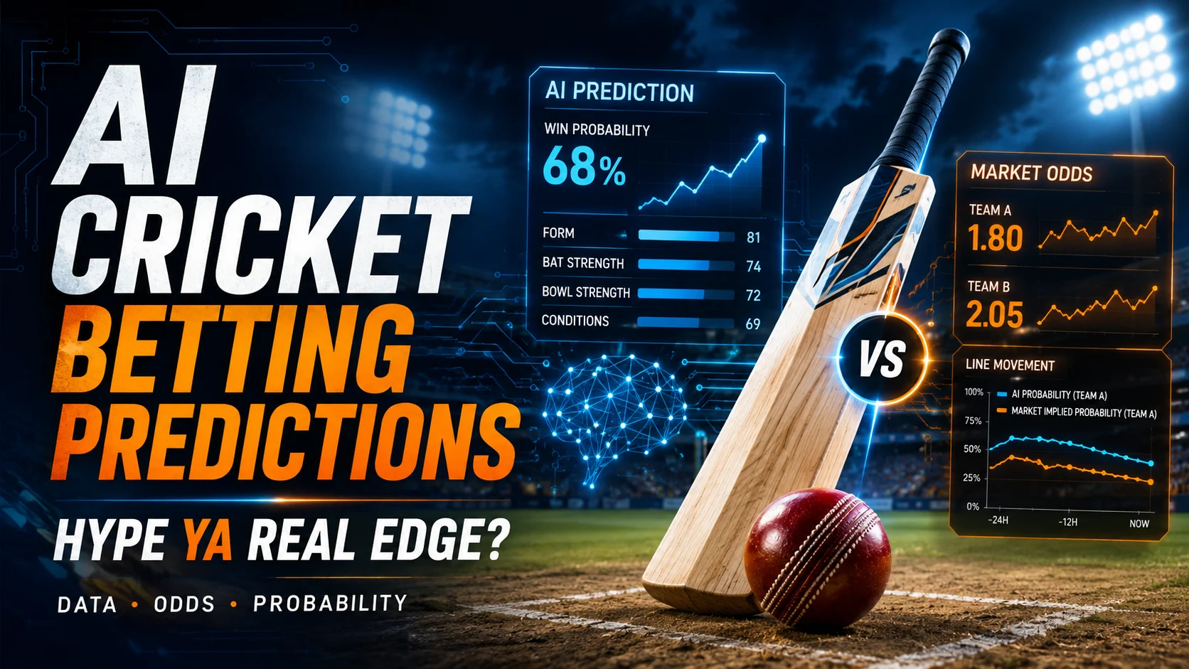 AI cricket betting predictions graphic jisme 68% win probability, team form, batting-bowling strength, conditions, market odds 1.80 vs 2.05 aur line movement compare karke dikhaya gaya hai ki AI data se probabilities estimate karta hai, guaranteed result nahi.