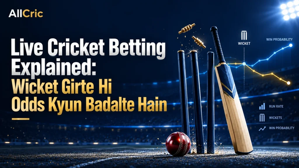 Live cricket betting graphic jo dikhata hai ki wicket girte hi odds aur win probability kyun change hoti hai, saath mein run rate, wickets aur match momentum ke impact ko graph ke through explain kiya gaya hai.