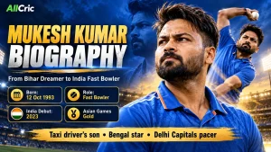 Mukesh Kumar biography featuring his journey from Bihar and Bengal cricket to becoming an India fast bowler and Delhi Capitals pacer