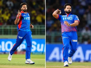 Delhi Capitals fast bowler celebrating and bowling during an IPL match, illustrating Mukesh Kumar’s IPL journey and rise as a key pace bowler