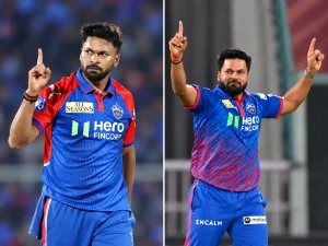 Mukesh Kumar celebrating in Delhi Capitals jersey during the IPL, linked to his ₹8 crore IPL salary in 2026.