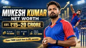 Mukesh Kumar Net Worth 2026 graphic showing his estimated ₹15–20 crore wealth, ₹8 crore IPL salary and BCCI Grade C contract.