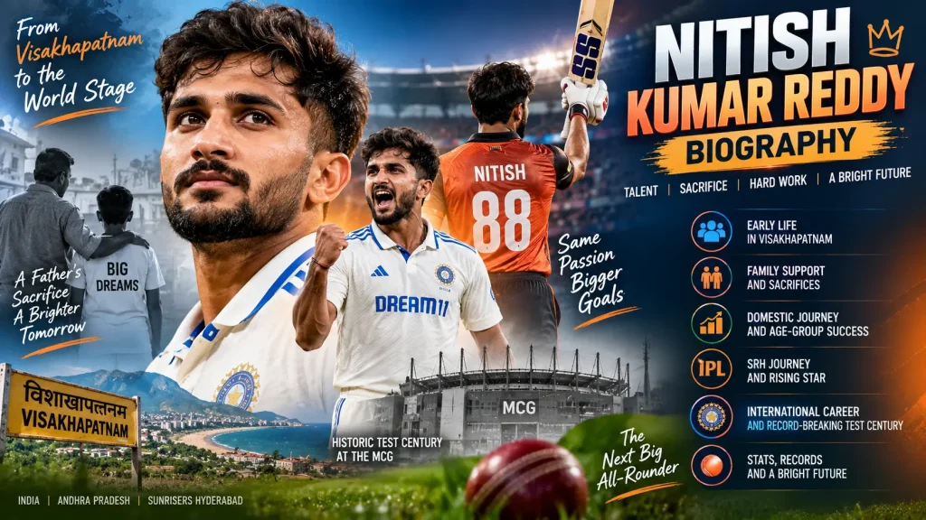 Nitish Kumar Reddy biography graphic showing his journey from Visakhapatnam to Indian cricket, with family sacrifice, Sunrisers Hyderabad, India appearances and his historic Test century at the MCG.