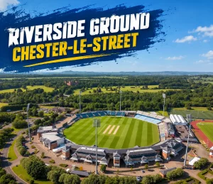 Aerial view of Riverside Ground, Chester-le-Street, showing the cricket field, stands and surrounding green landscape.