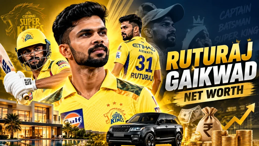 Ruturaj Gaikwad net worth 2026 graphic featuring the CSK captain, a luxury house, SUV, cash and financial growth chart.
