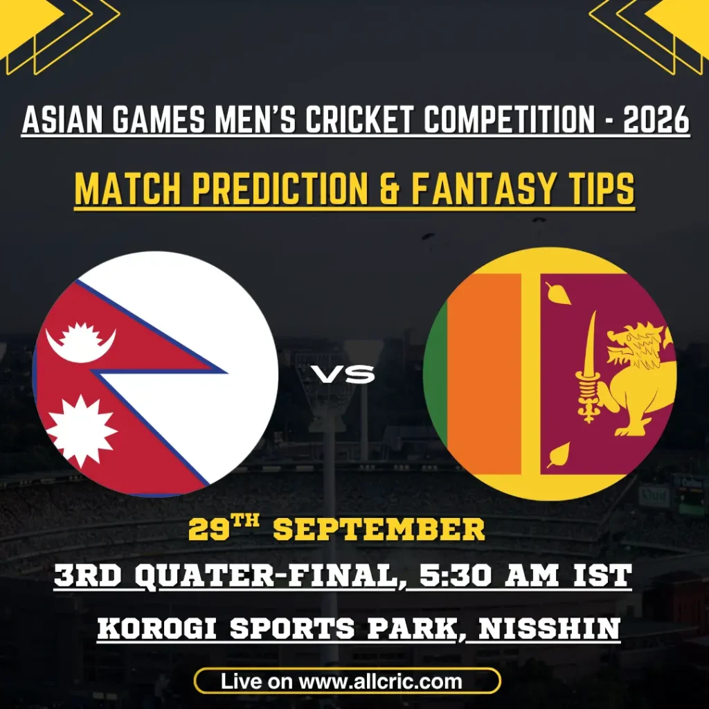 SL vs NEP today match prediction and fantasy tips graphic for Nepal vs Sri Lanka 3rd Quarter-Final at Korogi Sports Park, Nisshin, Asian Games 2026.
