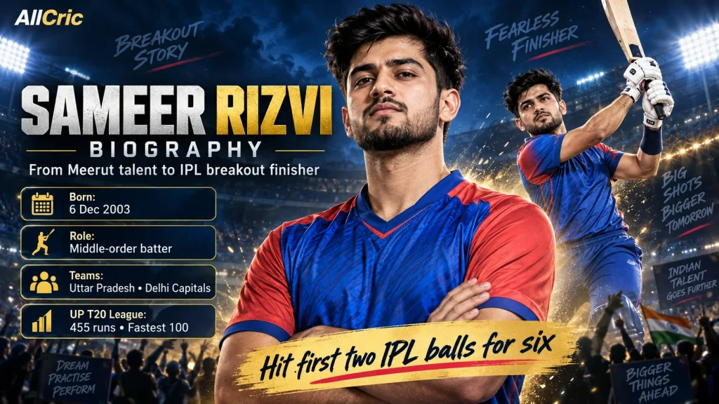 Sameer Rizvi biography graphic highlighting his Meerut roots, middle-order batting role, Uttar Pradesh and Delhi Capitals career, UP T20 League breakout, and IPL rise.