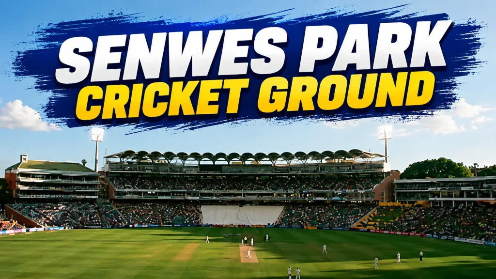 Senwes Park Cricket Ground in Potchefstroom with players on the field, spectators in the stands and floodlights under a clear sky.