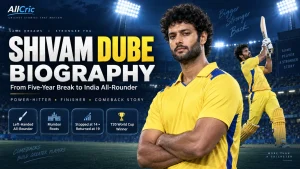 Shivam Dube biography graphic highlighting his journey from a five-year cricket break to becoming an India all-rounder, with Mumbai roots, left-handed power-hitting and T20 World Cup success.