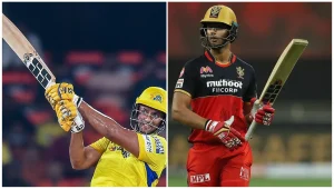 Shivam Dube IPL career collage showing him in Chennai Super Kings and Royal Challengers Bangalore colours, highlighting his journey as a powerful middle-order batter.