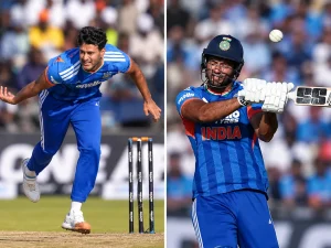 Shivam Dube in India cricket kit while bowling and playing a powerful batting shot, representing his international career and role as an all-rounder.