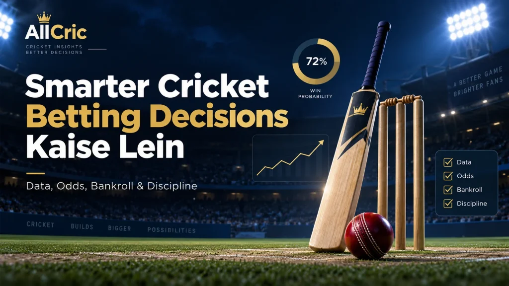 Smarter cricket betting decisions ka graphic jisme cricket bat, ball, stumps, 72% win probability chart aur data, odds, bankroll aur discipline ko smart betting framework ke key factors ke roop mein dikhaya gaya hai.