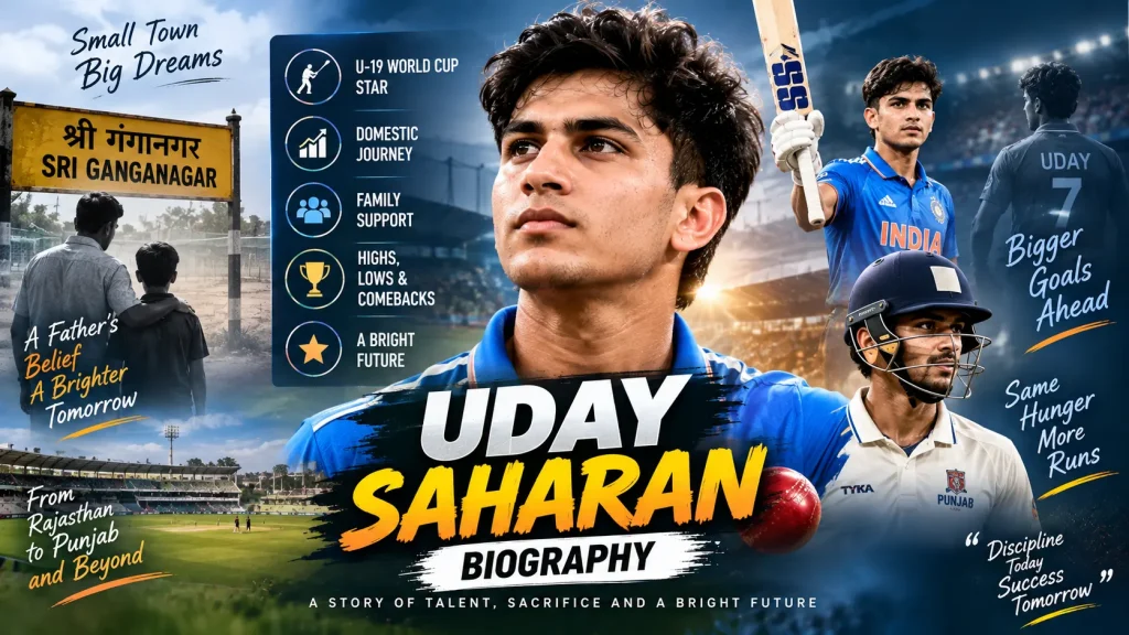 Uday Saharan biography graphic highlighting his journey from Sri Ganganagar to Punjab domestic cricket and India U-19 captaincy, featuring his batting images, family support, U-19 World Cup success, and future cricket ambitions.
