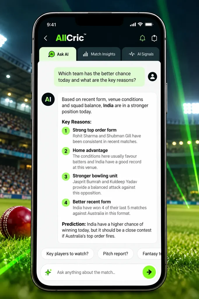 AllCric Ask AI feature showing AI-powered cricket match analysis, key reasons, player insights and prediction information.