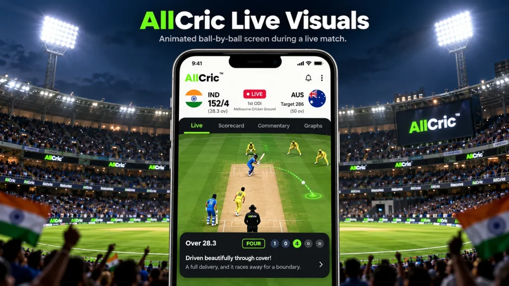 AllCric live cricket visuals showing an animated ball-by-ball match screen with live score, commentary and on-field action.