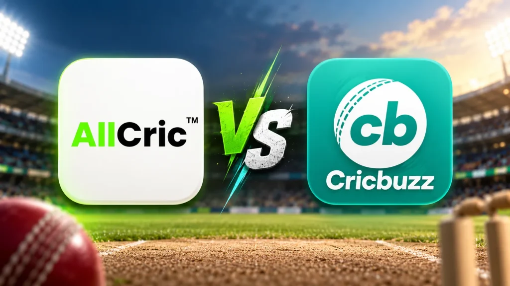 AllCric vs Cricbuzz cricket app comparison graphic featuring both app logos on a cricket stadium background.