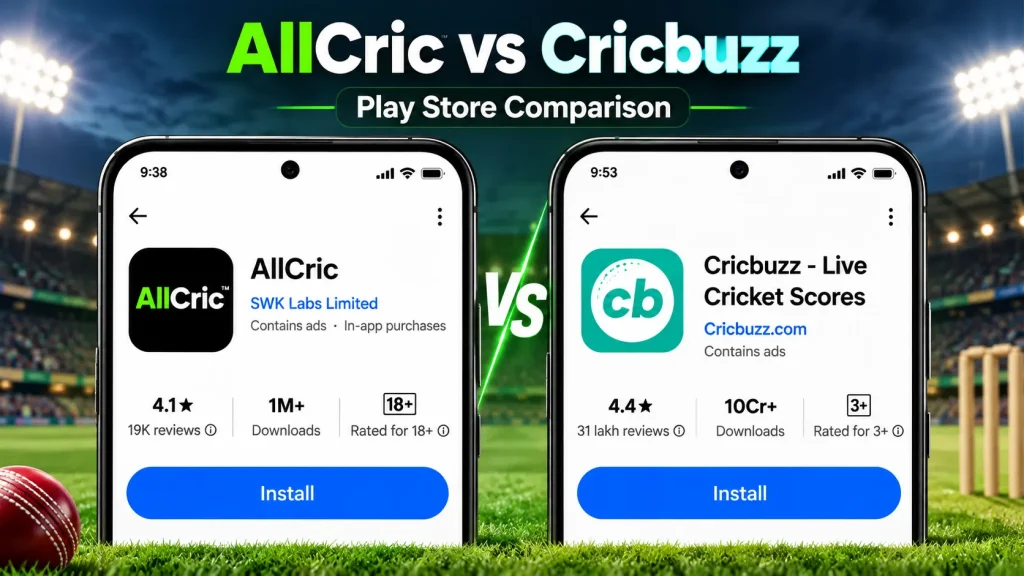 AllCric vs Cricbuzz Play Store comparison showing app ratings, reviews, downloads and installation details.