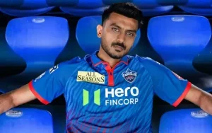 Axar Patel in Delhi Capitals jersey during the IPL, representing the franchise he captains in the 2026 season.