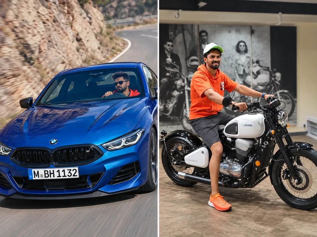 Ruturaj Gaikwad cars and bikes collage featuring a blue BMW luxury car and a white Jawa motorcycle.