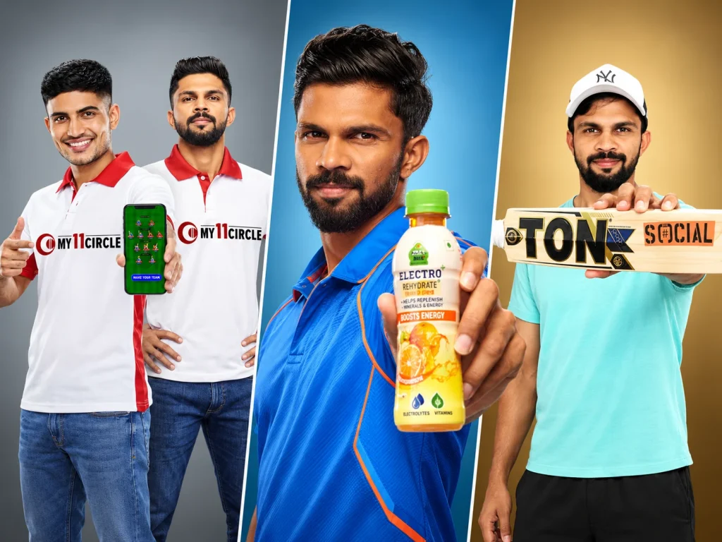 Ruturaj Gaikwad brand endorsements collage featuring My11Circle, Amrutanjan Electro+ and SS TON cricket equipment.