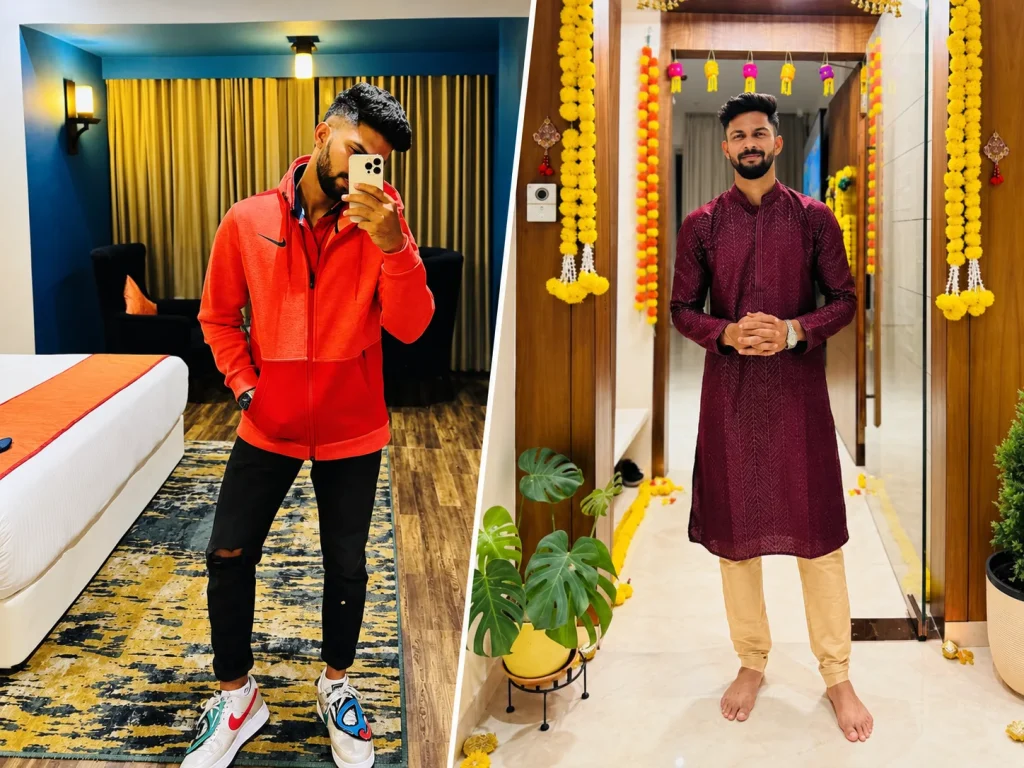 Ruturaj Gaikwad lifestyle photo collage featuring indoor portraits and traditional attire alongside his reported house details.