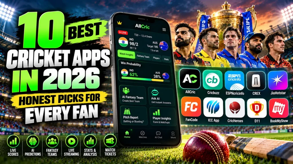 Best cricket apps in 2026 comparison featuring AllCric, Cricbuzz, ESPNcricinfo, CREX, JioHotstar, FanCode, ICC App, CricHeroes, D11 and BookMyShow for scores, predictions, fantasy, streaming, stats and tickets.