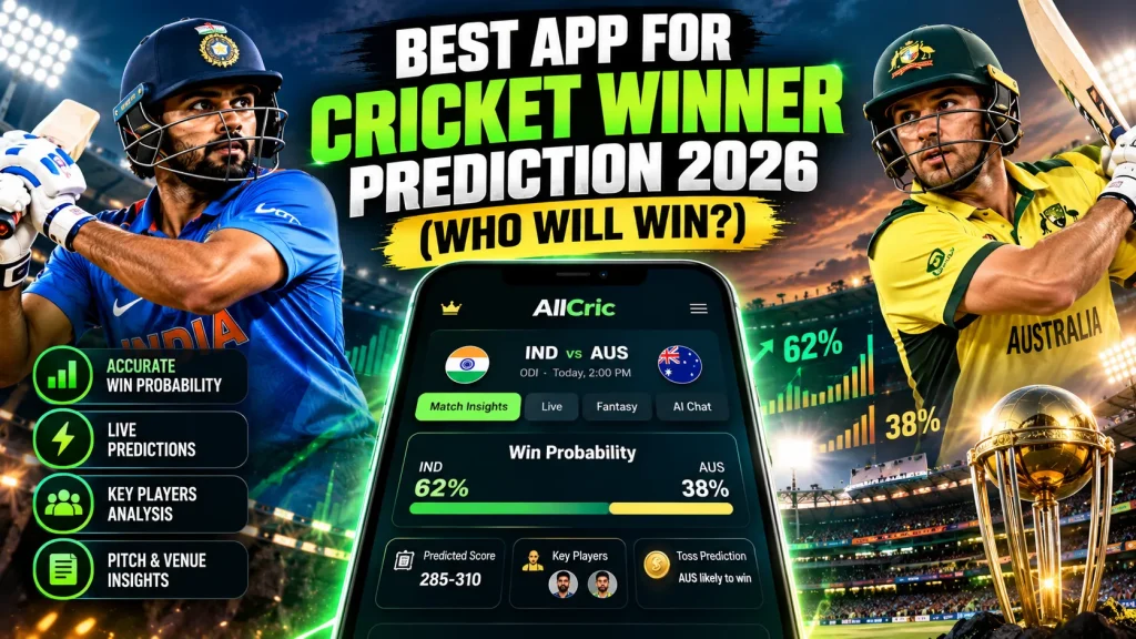 Best app for cricket winner prediction 2026 showing AllCric win probability, live predictions, key player analysis, and pitch insights for India vs Australia.