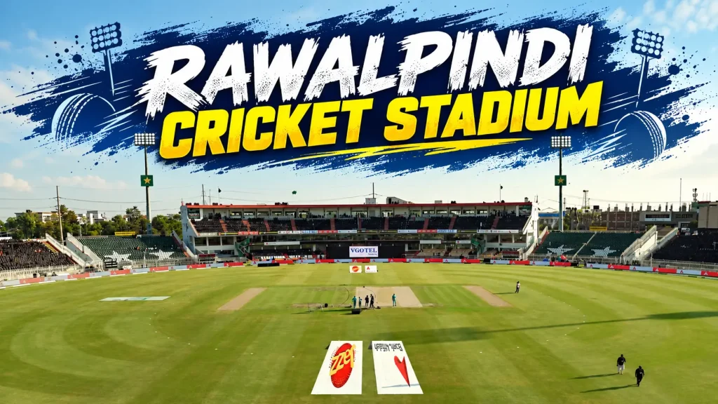 Rawalpindi Cricket Stadium in Pakistan showing the cricket pitch, outfield, stands and floodlights.
