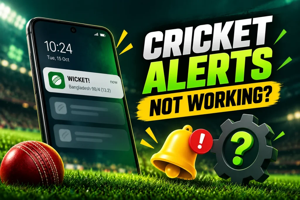 Cricket alerts not working graphic showing a wicket notification on a smartphone with notification and settings icons for troubleshooting.