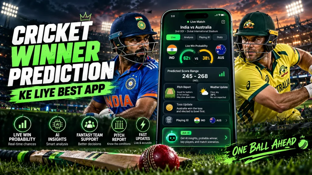 Cricket winner prediction app Hindi mein AllCric ka live win probability, predicted score range, pitch report, toss update, Playing XI aur AI match insights dikhata hua India vs Australia match screen.