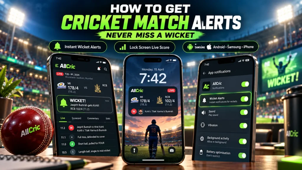How to get cricket match alerts with instant wicket notifications, lock screen live scores and notification settings on Android, Samsung and iPhone using AllCric.