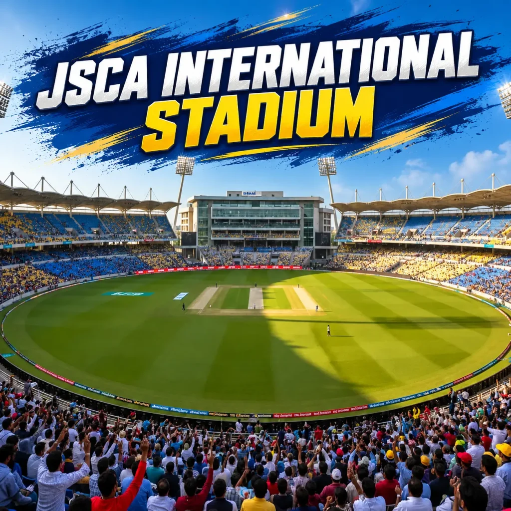 JSCA International Stadium in Ranchi with a packed crowd, cricket pitch and floodlights during a matchday.