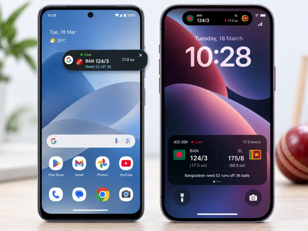 Live cricket scores on Android and iPhone showing Bangladesh vs Sri Lanka match updates on the home screen and lock screen.