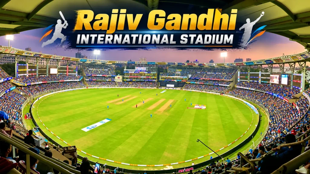 Rajiv Gandhi International Stadium in Hyderabad showing the cricket ground, pitch, floodlights, and packed spectator stands during a match.